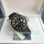 AAA Clone Rolex Yacht-Master 8215 Black Face Gold Case Rubber Strap Watch 40mm 